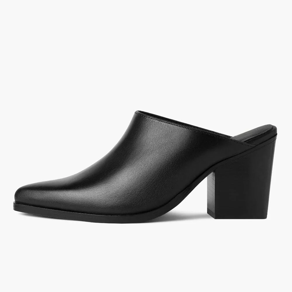 Black Slip-On Chunky Heel Mule Shoes for Women with Pointed Toe
