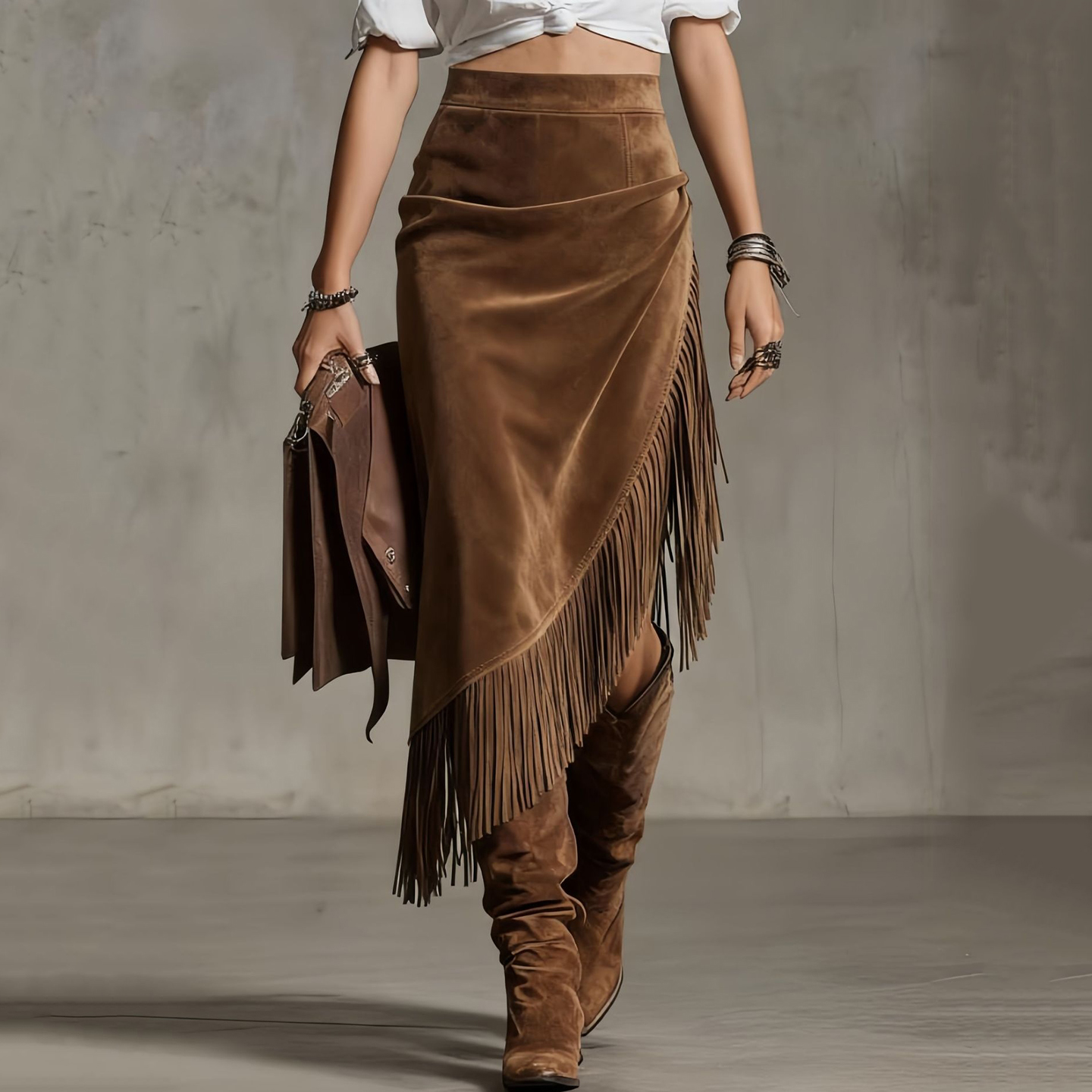 Vintage Western Fringed Hem Irregular Suede Skirt elevenforest