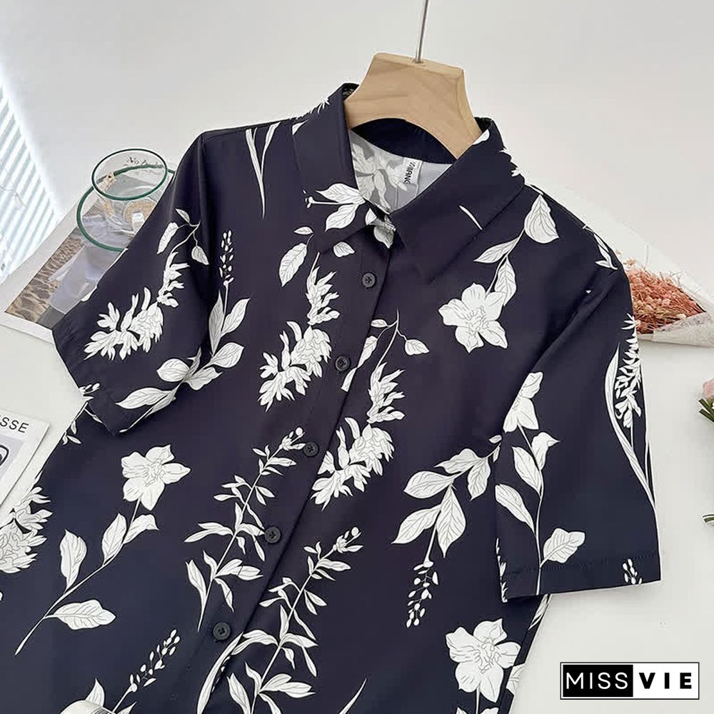 Cartoon Print Lapel Short Sleeve Loose Shirt