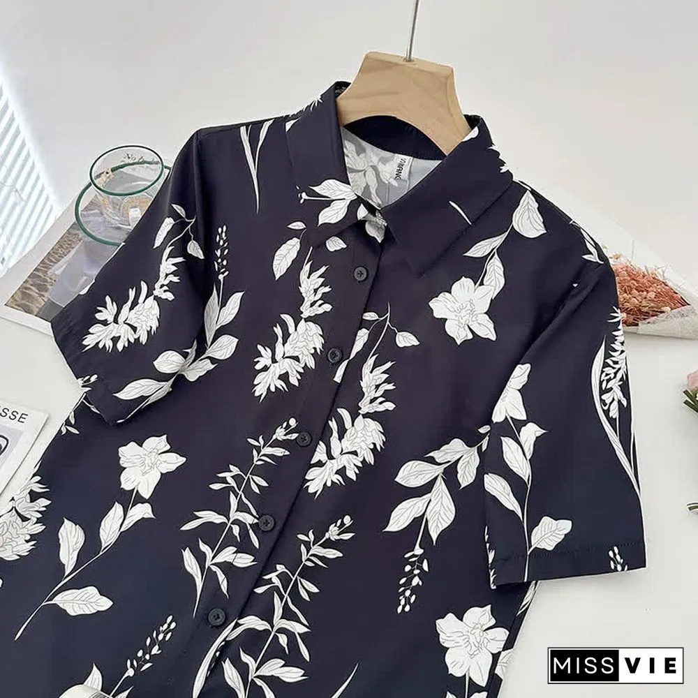 Cartoon Print Lapel Short Sleeve Loose Shirt