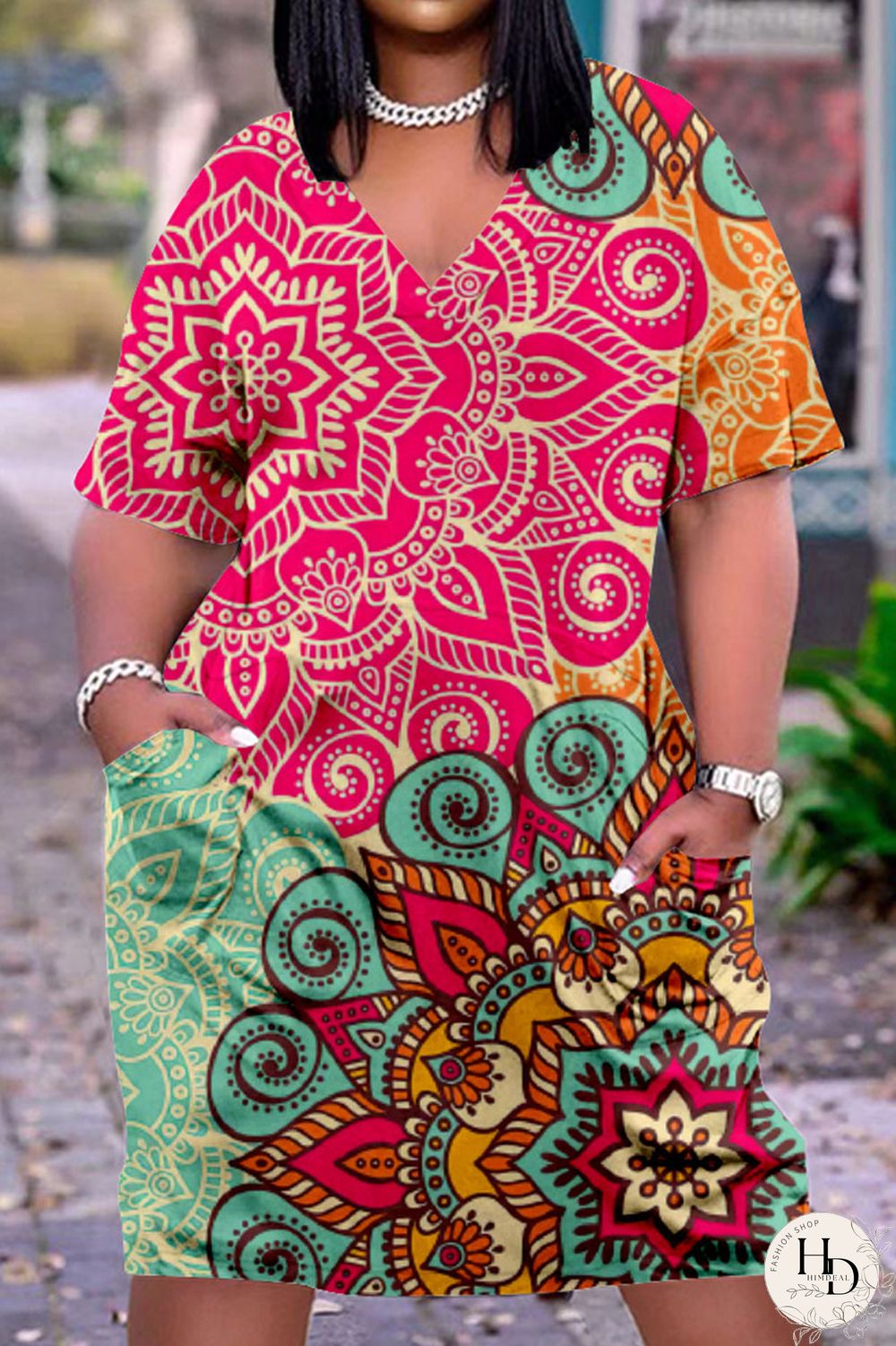 Purplish Blue Fashion Casual Print Basic V Neck Short Sleeve Dress