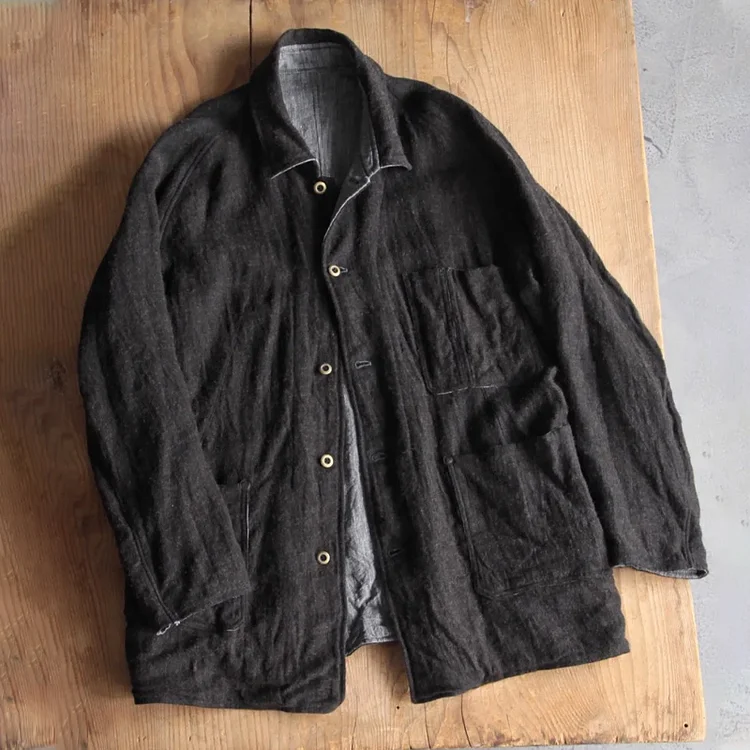 Men's Vintage Black Linen Single Breasted Jacket