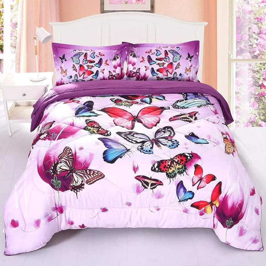 Butterfly Comforter Queen Size, 3 Pieces Girls Teen Kids Quilted Bedspread Queen Bed Comforter Bedding Sets, All Seasons Microfiber Purple Butterfly Bedding Set, with Pillowcase
