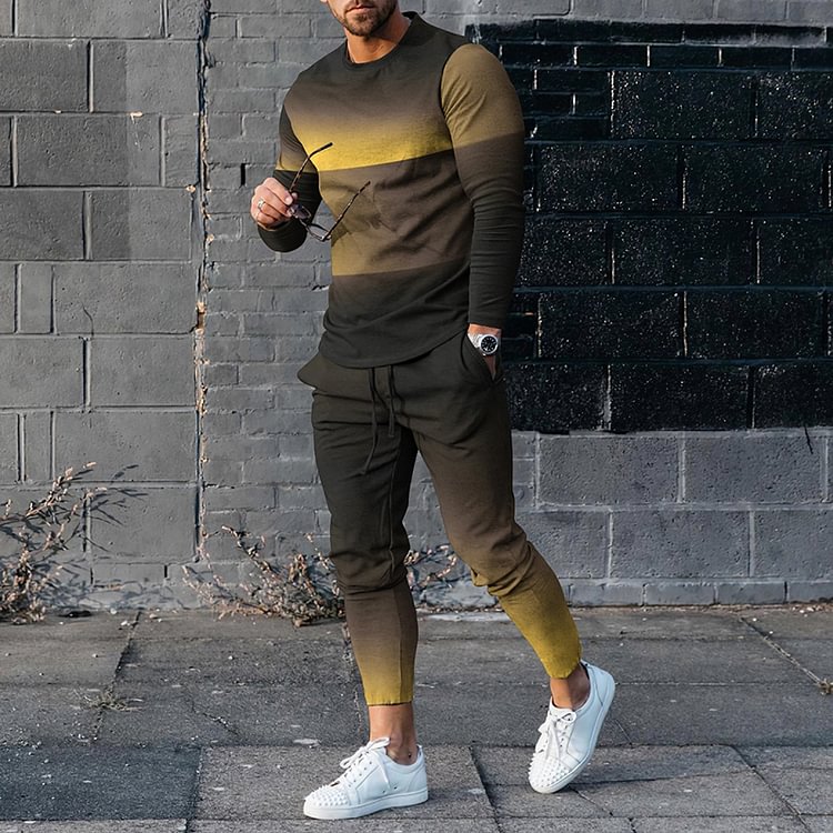 BrosWear Men's Geometric Gradient Casual Long Sleeve T-Shirt And Pants Co-Ord