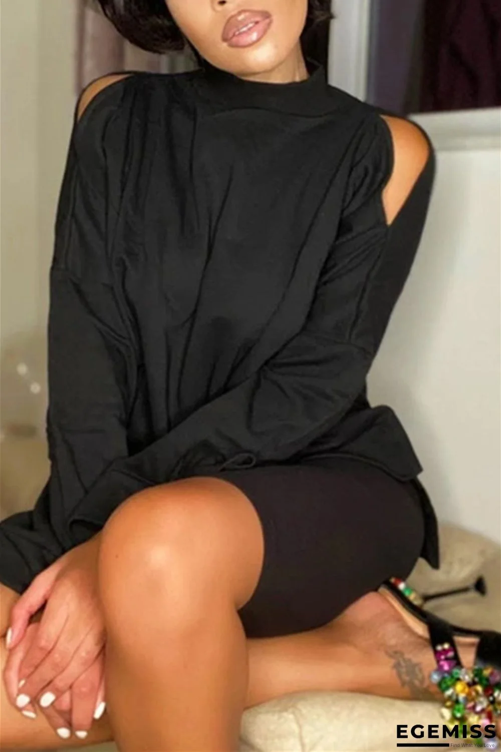 Black Adult Solid Patchwork O Neck Outerwear | EGEMISS