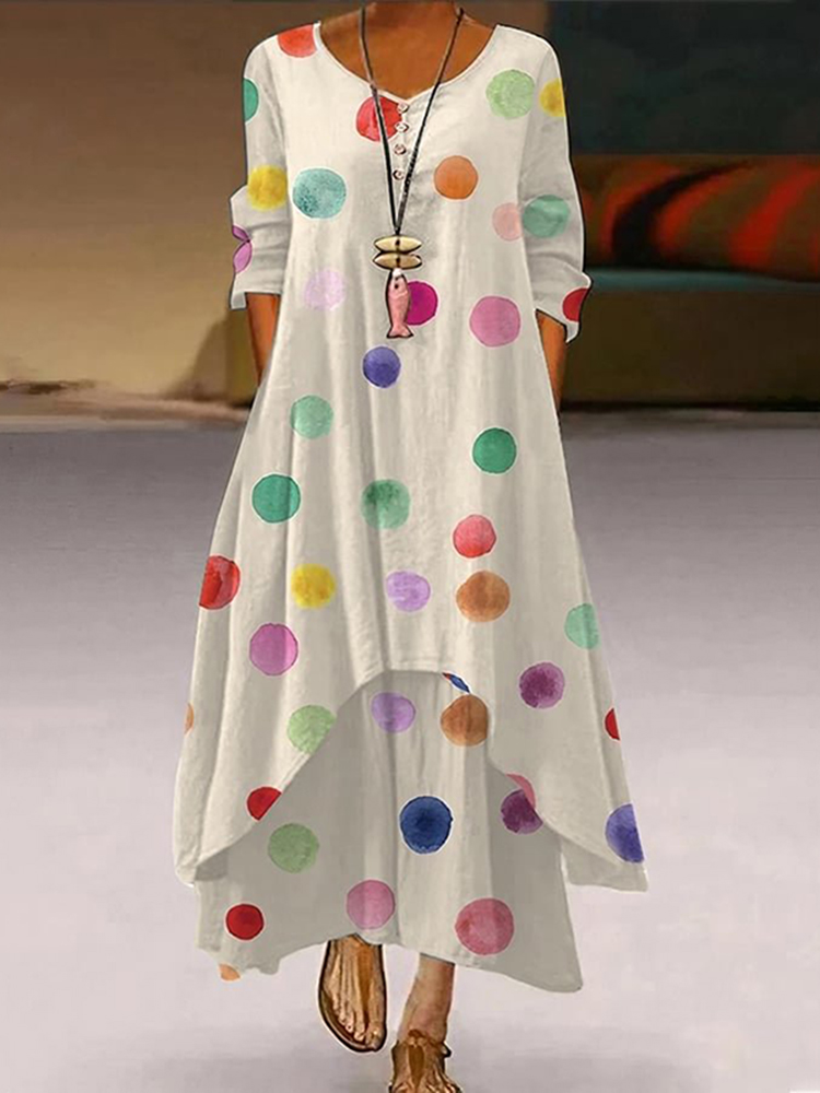 Comstylish Polka Dot Print Crew Neck Casual Maxi Dress
