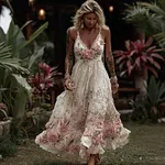 Women's Vintage Pink Rose Art V Neck Suspender Maxi Dress - Image 2