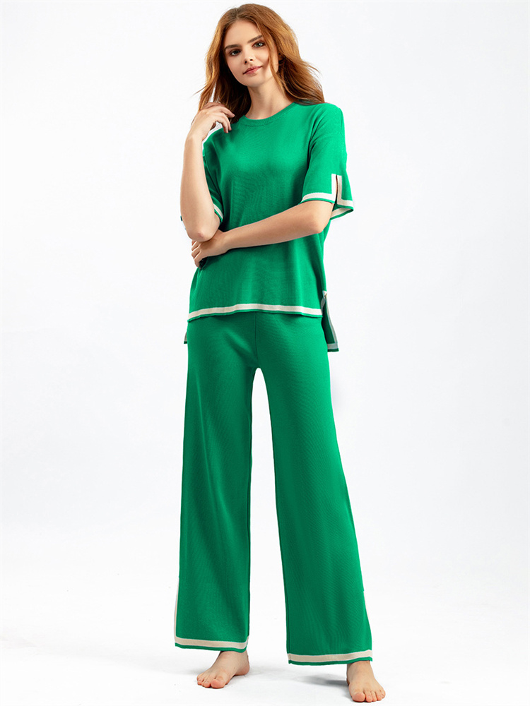 Ootddress Contrast Knit Trousers 2 Piece-Set Female Slim Patchwork Loose Casual Streetwear Pullover And Wide Leg Women's Pants Sets