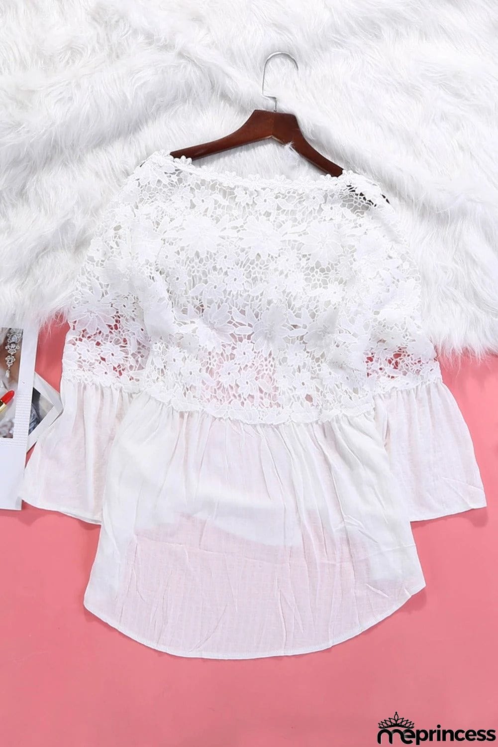 Long Sleeve Button Chic White Crochet Lace Top
