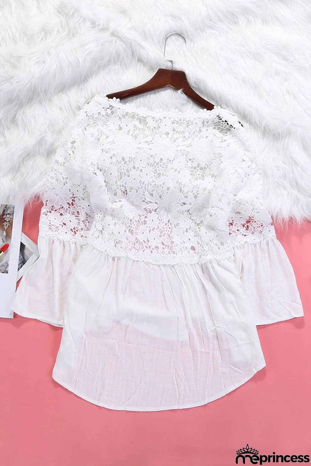 Long Sleeve Button Chic White Crochet Lace Top