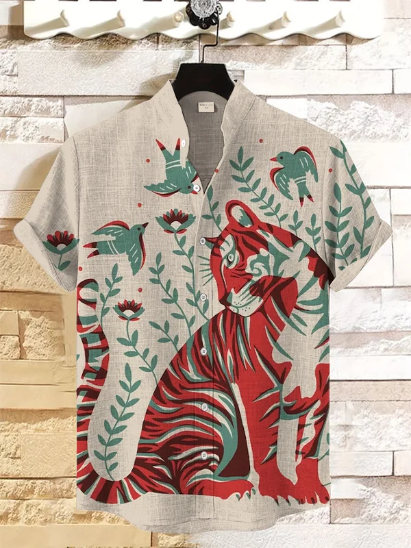 Men's Vintage Tiger and Bird Nature Art Print Casual Shirt