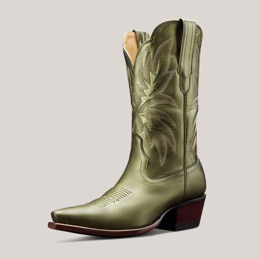 Metallic Olive Snip Toe Mid Calf Embroidered Cowboy Boots for Women