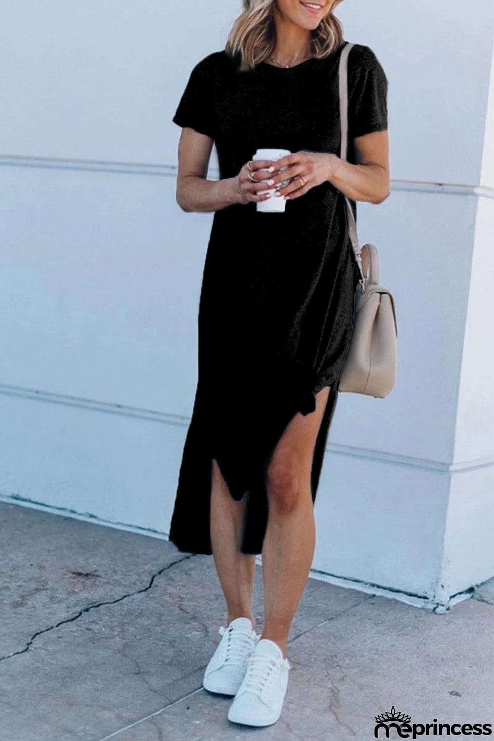 Casual Short Sleeve T-shirt Midi Dress with High Splits