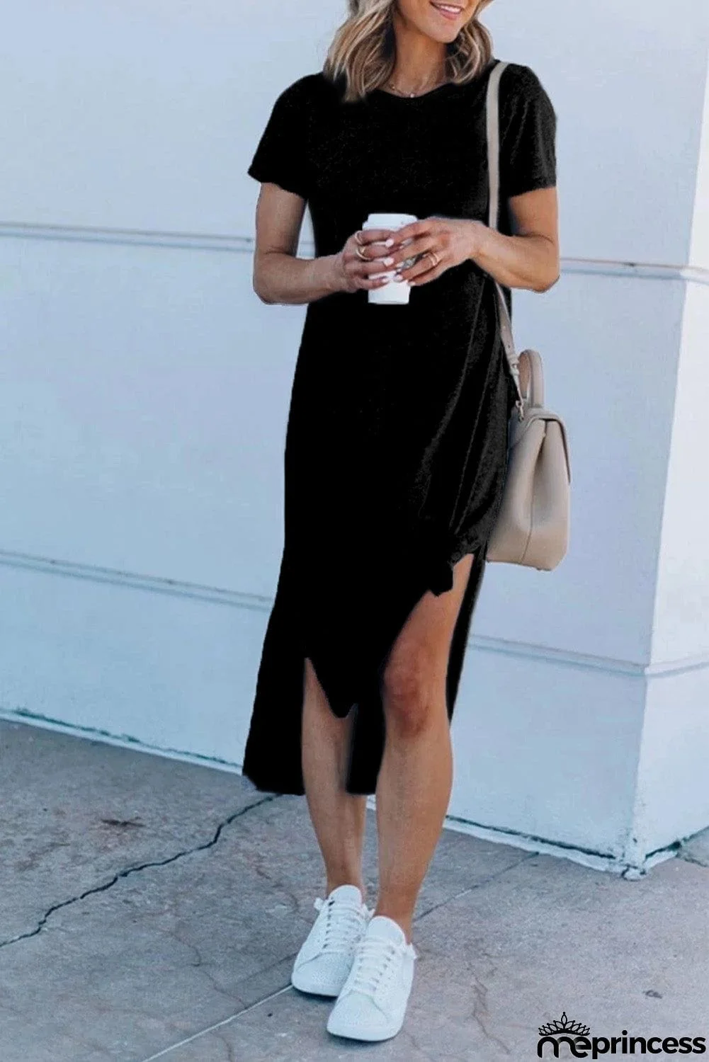 Casual Short Sleeve T-shirt Midi Dress with High Splits