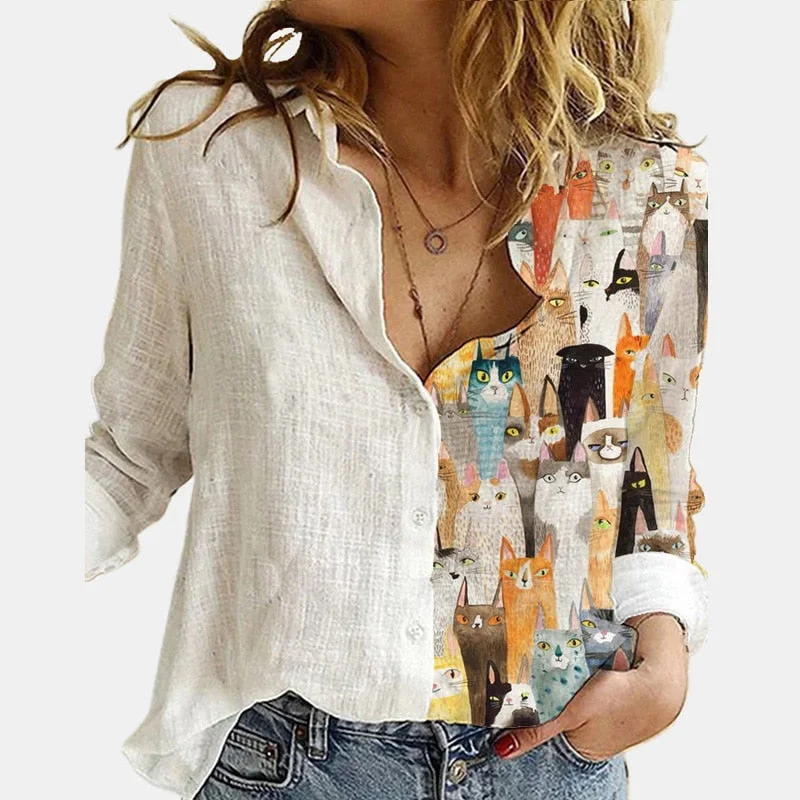 Vintage Women Patchwork Button Short Sleeve Blouse Summer Casual Loose Office Shirt Spring Femme 3XL Cats Printed Shirt Blusas