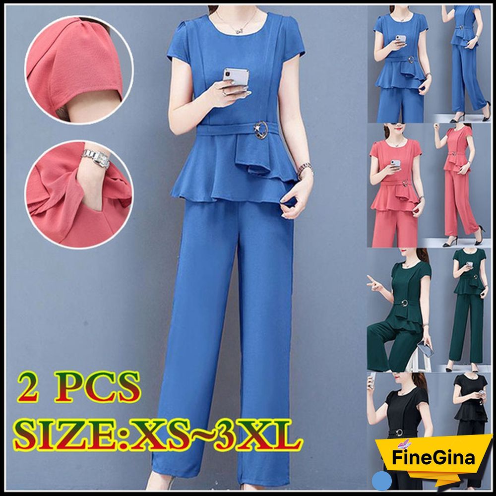 Summer 2 Two Piece Sets Outfits Women Plus Size Short Sleeve Tunics Tops And Pants Suits Office Elegant Korean Sets