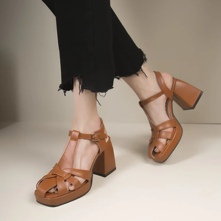 Yyvonne Hollow Roman High-Heeled Women's Summer Season New Fashion Side Behind The Empty Coarse Heel Buckle Sandals Woman