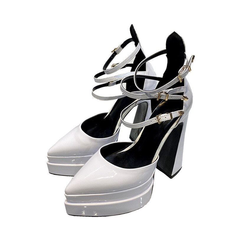 VCSHOES heel pointed toe double layer thick sole hollow shoes large size 43 green hollow sandals patent leather shoes