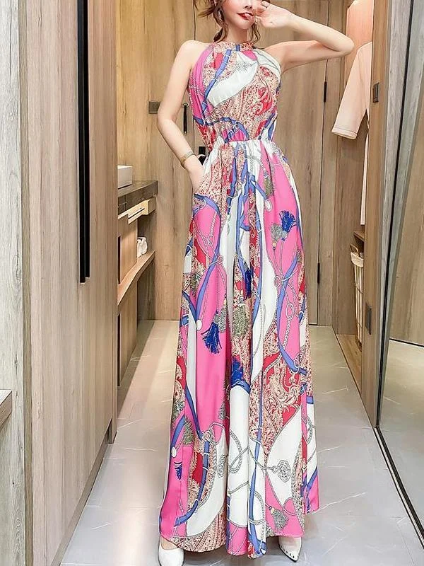 Fashion hanging neck strapless sleeveless long wide leg pants