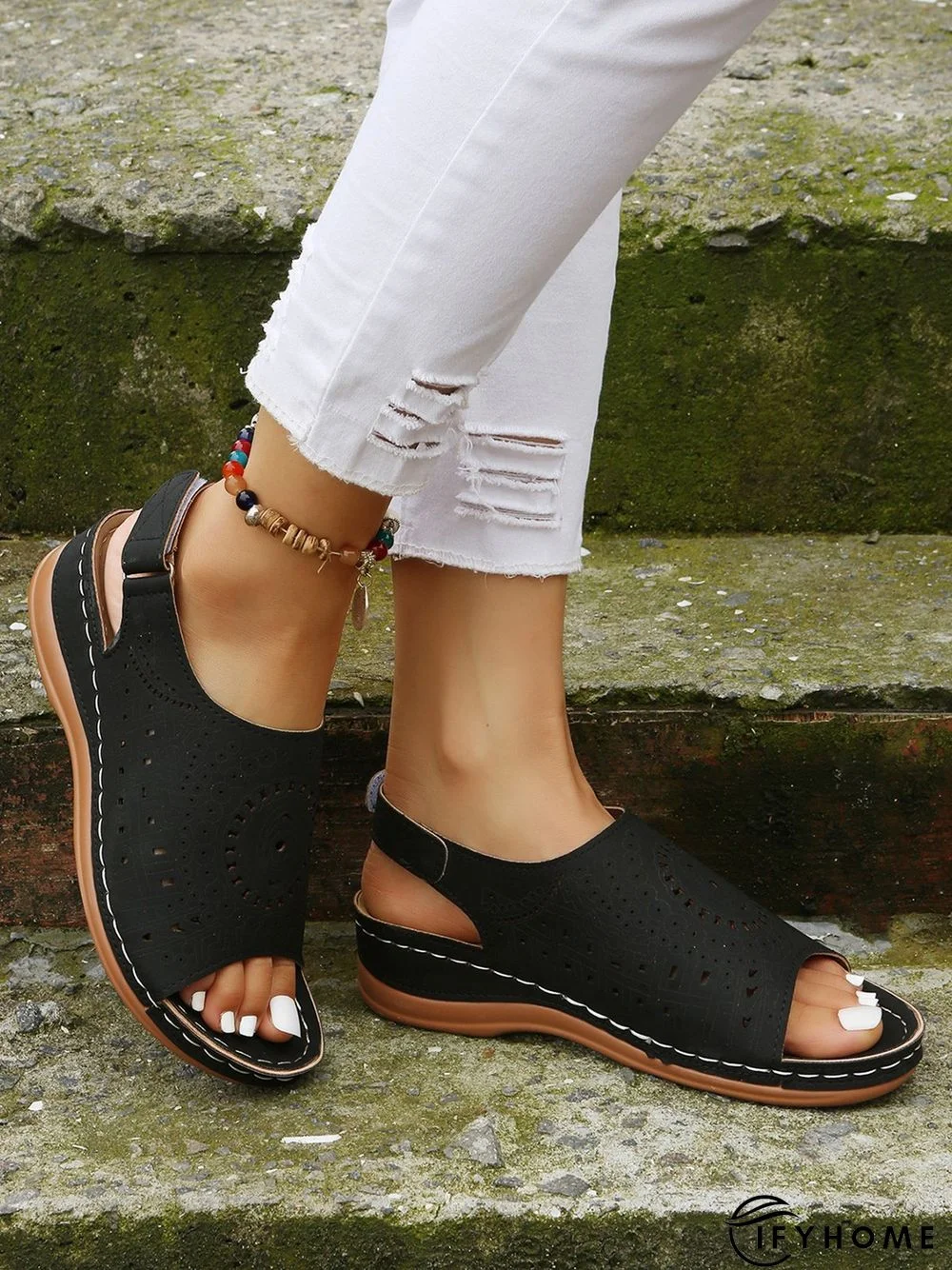 Ethnic Pattern Punched Hollow Velcro Vintage Sandals | IFYHOME