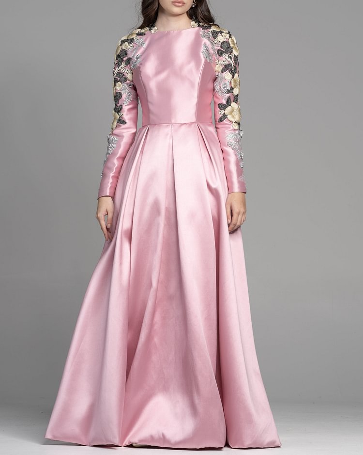 Pleat Taffeta Dress With Embroidered Flowers