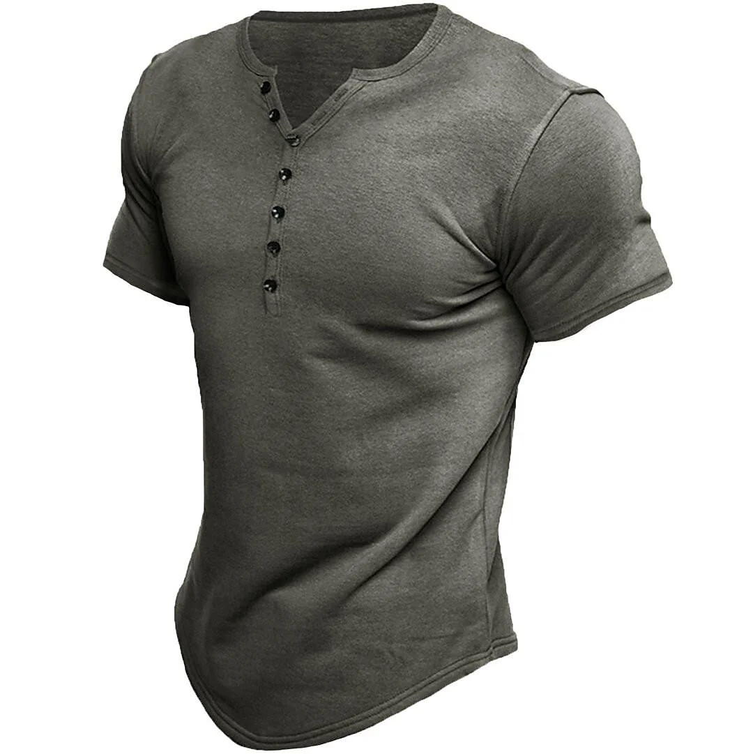 Men's Henley Solid Color Casual Short Sleeve T-shirt Casual Vintage