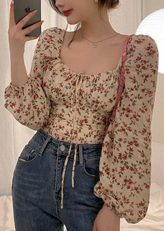 French Square Collar Print Puff Sleeve Cinched Top