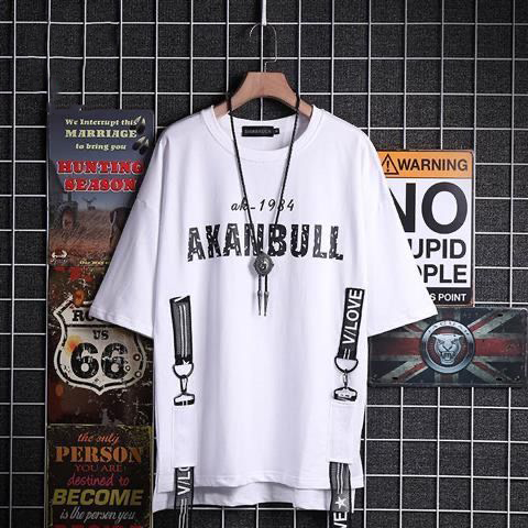 Male ripped loose fake two-piece T-shirt hip-hop hip-hop half-sleeved streamer top