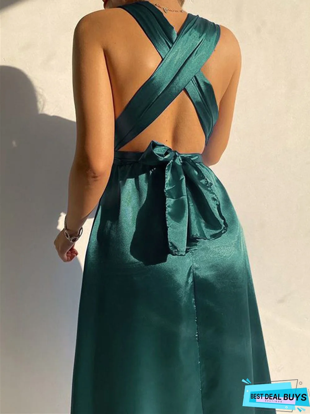 Solid Color Lace-Up V-Neck Sexy Backless Evening Dress
