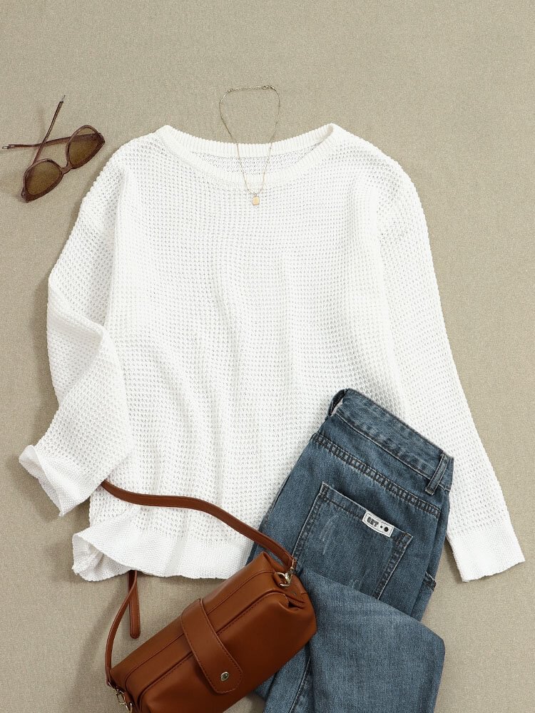 Solid Waffle-Knitted Casual O-neck Long Sleeve Sweater