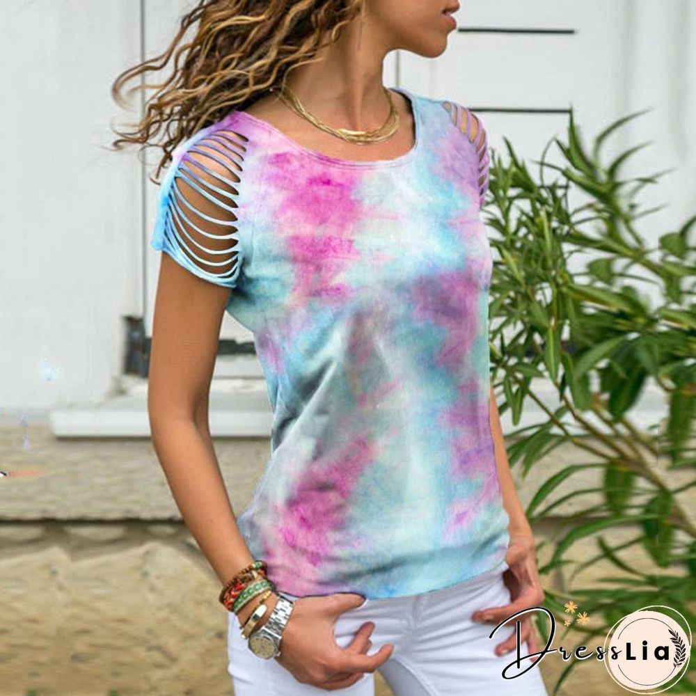Women's Tie-dye, Hole-burning, Strapless Short-sleeved T-shirt