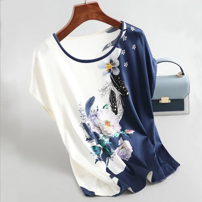 Plus Size Batwing sleeve Vintage Butterfly Printing Fashion Shirt Short-Sleeved Silk Satin Blouses Summer Style Ladies Tops