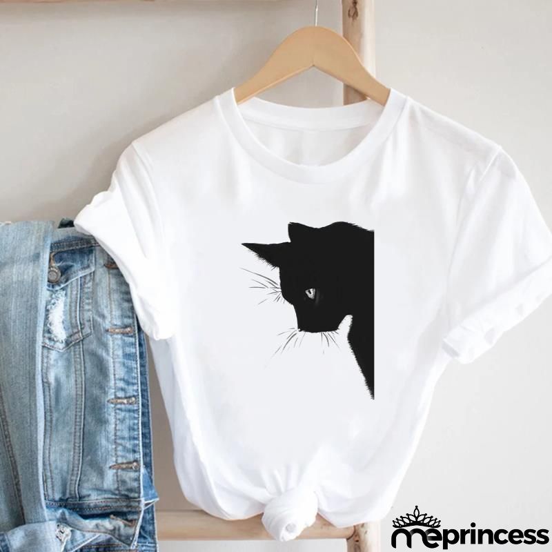 Women Loose Simple Cartoon Cat Footprint Print Round Neck Short Sleeve T-Shirt