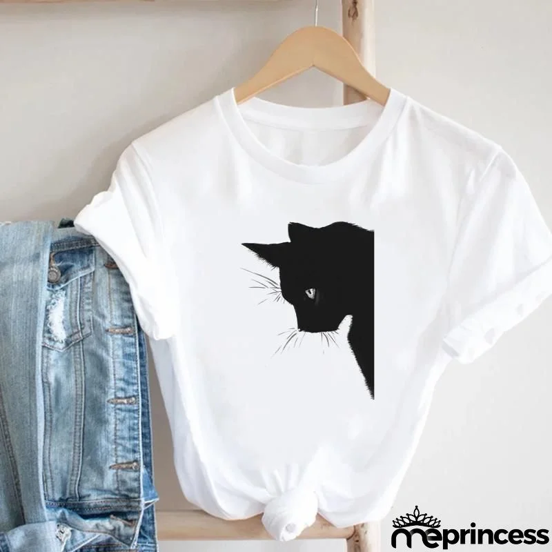Women Loose Simple Cartoon Cat Footprint Print Round Neck Short Sleeve T-Shirt