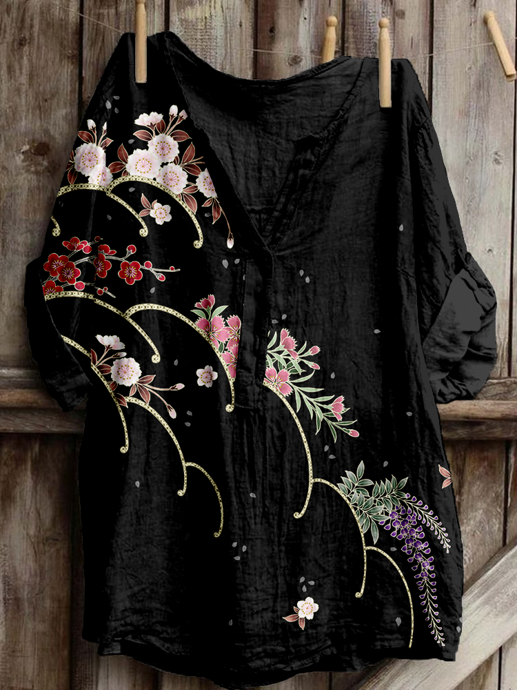 Comstylish Japanese Cherry Blossoms Art Linen Blend Cozy Tunic