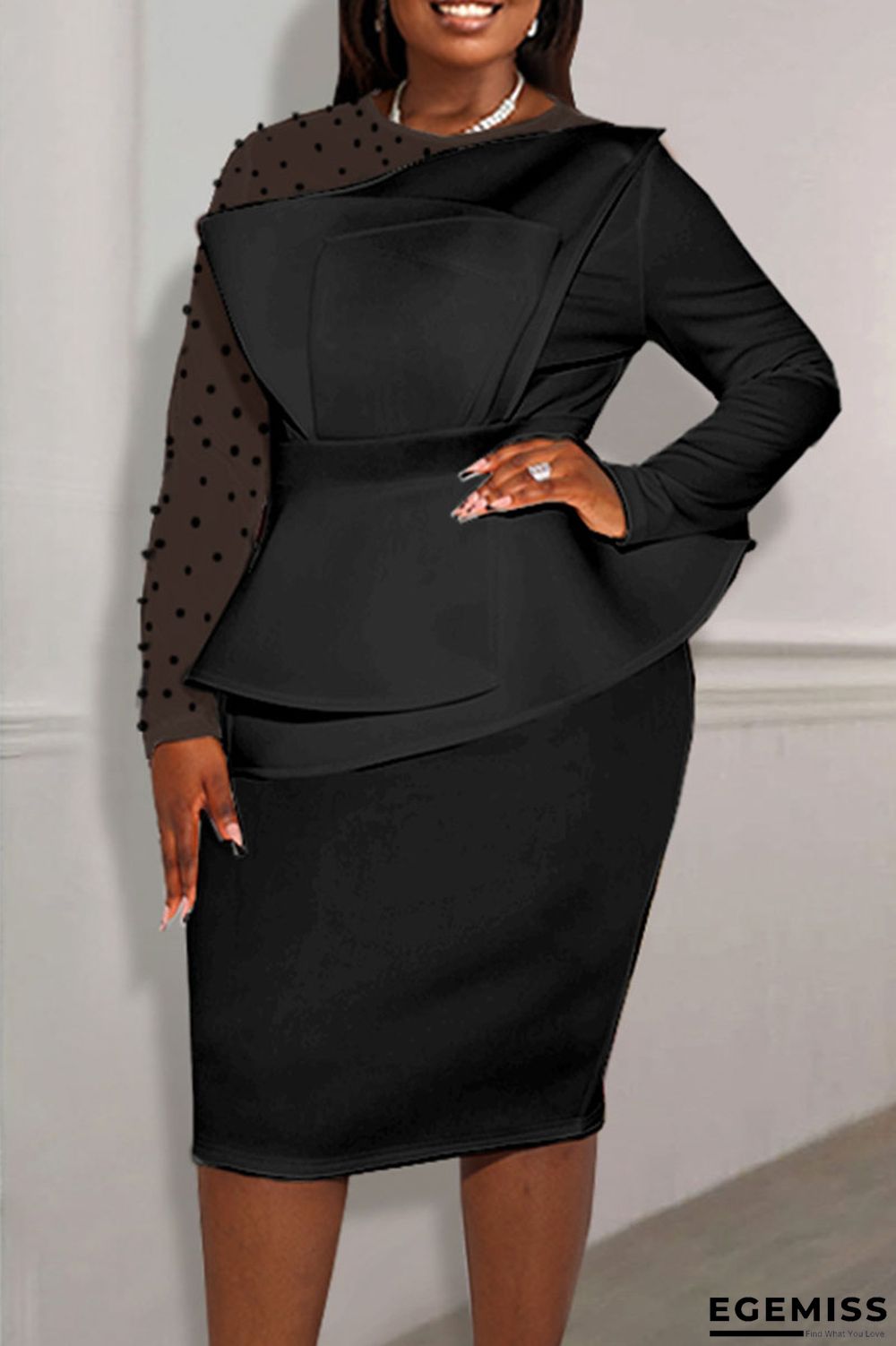 Black Elegant Solid Patchwork Beading O Neck One Step Skirt Dresses | EGEMISS