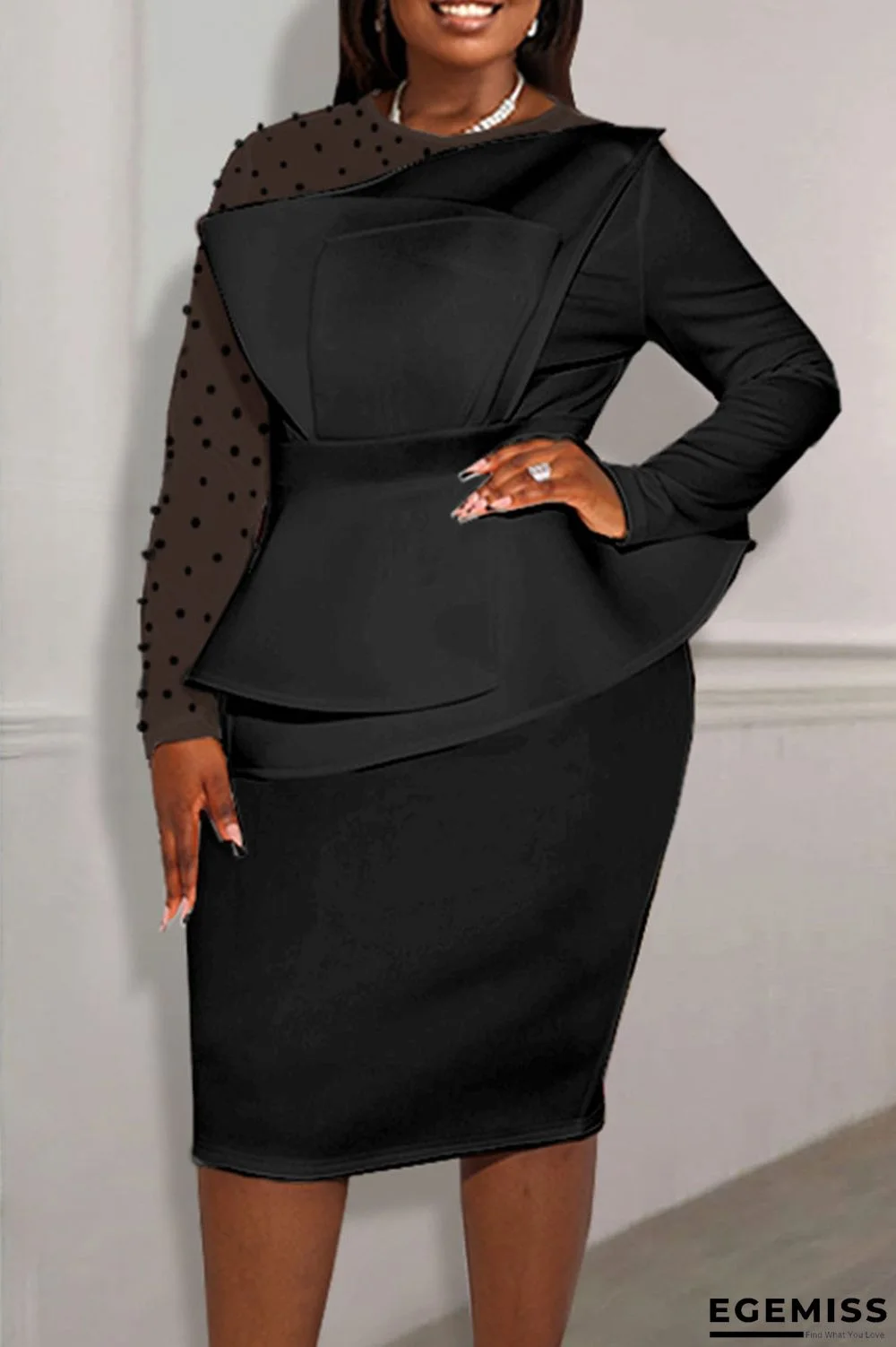 Black Elegant Solid Patchwork Beading O Neck One Step Skirt Dresses | EGEMISS