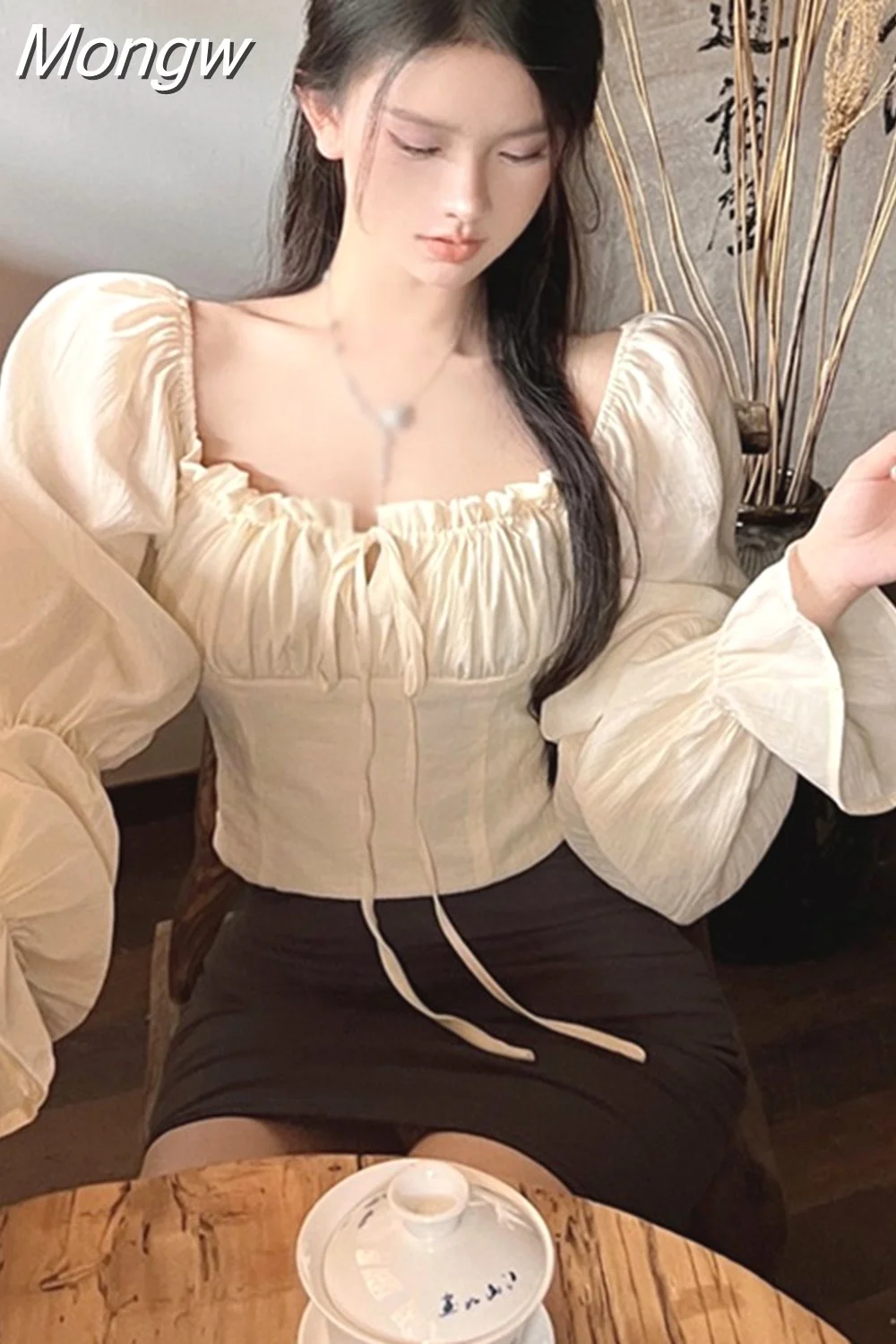 Mongw  Women Blouses Spring Summer Fashion Elegant French Romantic Floral Puff Sleeve Square CollarNew White Chiffon Shirt