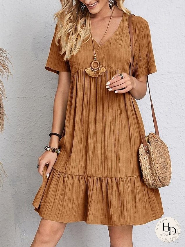 Casual Dress Shift Dress Plain Dress Plain Ruffle V Neck Midi Dress Basic Classic Outdoor Daily Short Sleeve Loose Fit Black Pink Red Spring Summer S M L XL XXL for Women