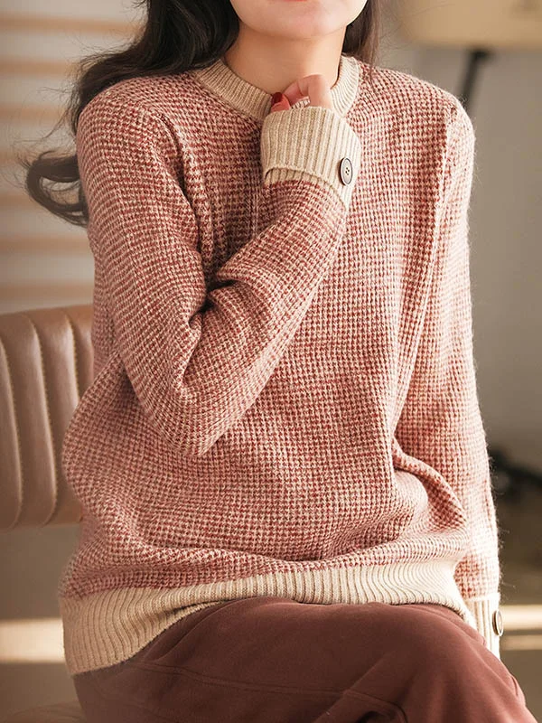 Elegance Knitting Split-Joint Buttoned Round-Neck Sweater Top