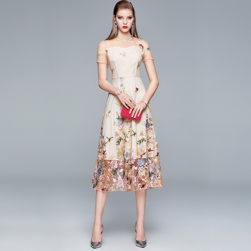 Women's Beige Floral Embroidered Midi Dress, Sheer Short Sleeve A-Line Formal Evening Dress