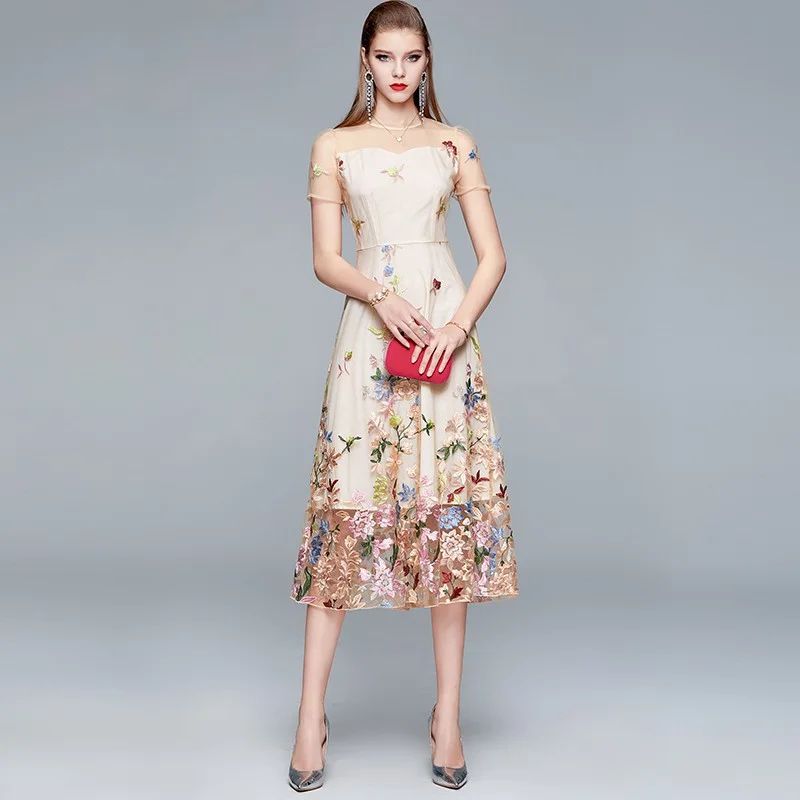 Women's Beige Floral Embroidered Midi Dress, Sheer Short Sleeve A-Line Formal Evening Dress