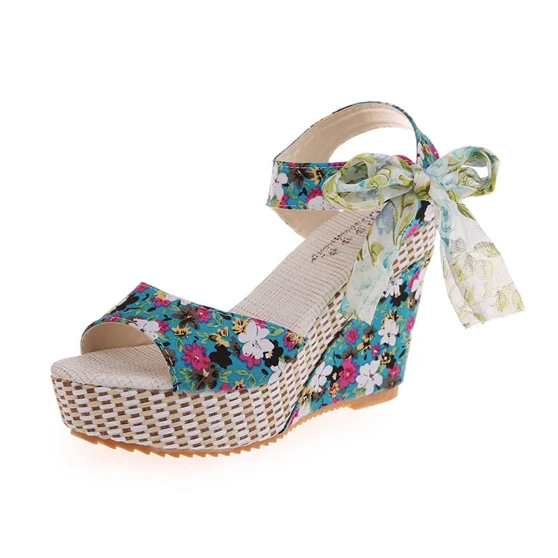 Lucyever Summer Beach Boho Floral Wedge Sandals Women Ankle Strap Platform Gladiator Shoes Woman High Heels Sandalias Mujer 2020