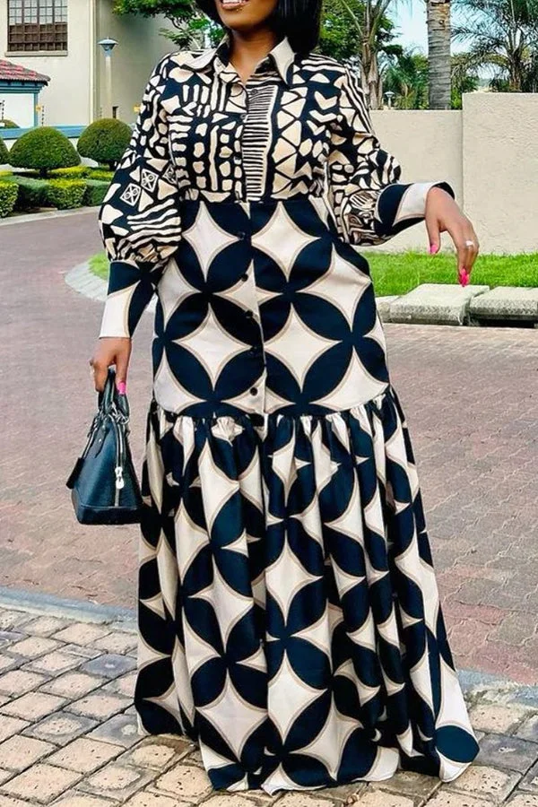 Fashion Print Single Breasted Long Sleeve Shirt Collar Slit Maxi Dress