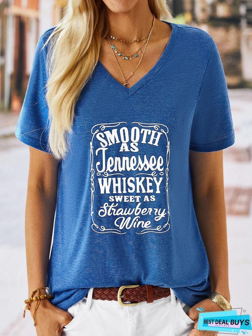 Letter Cotton-Blend Casual V Neck T-shirt