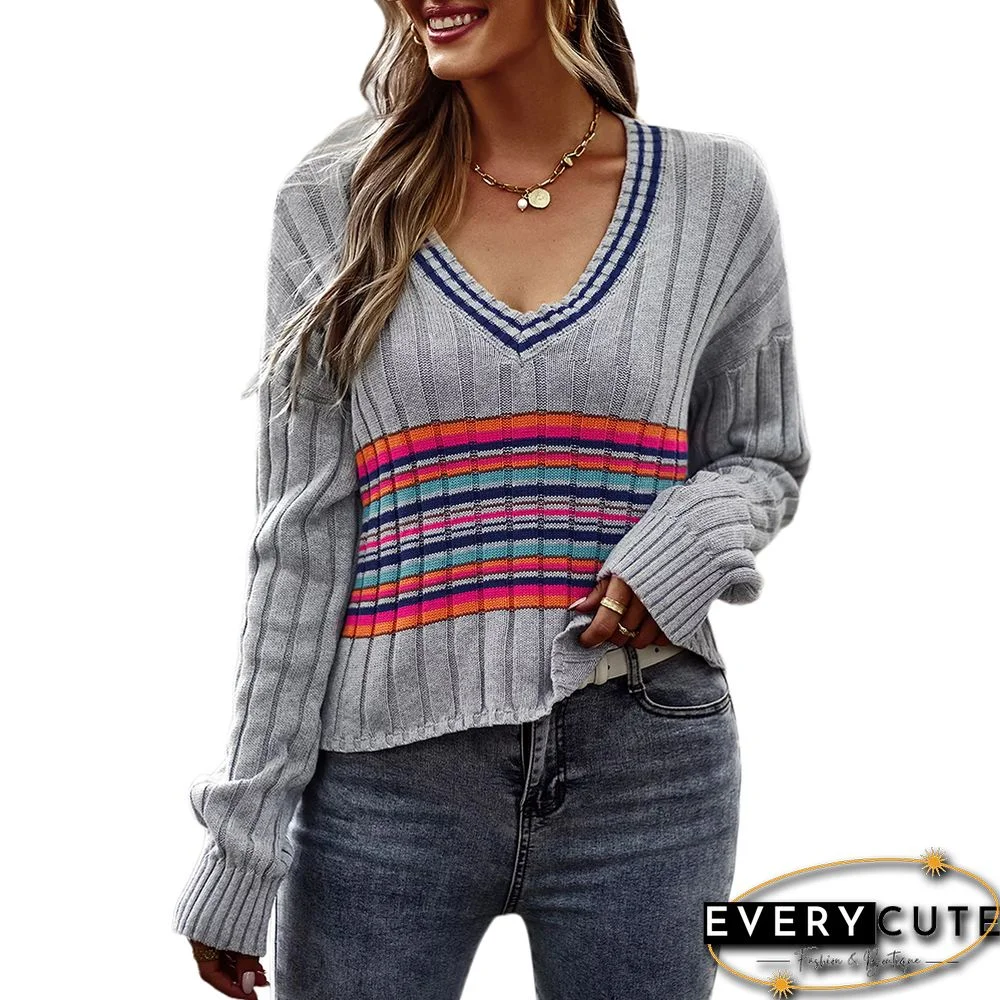 Gray Splicing V Neck Pullover Sweater