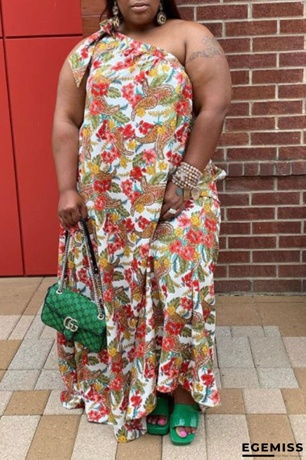 Tangerine Red Sexy Print Patchwork One Shoulder Straight Plus Size Dresses | EGEMISS