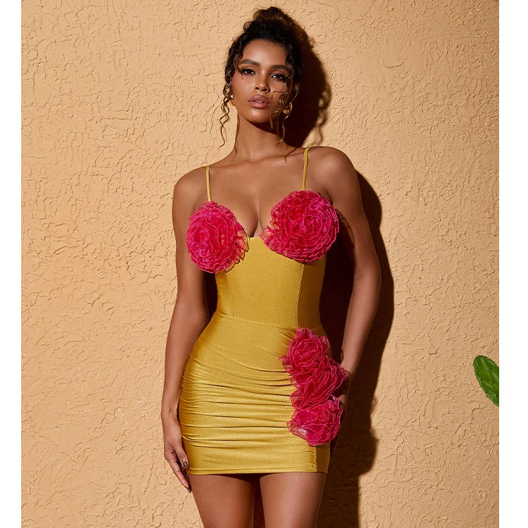 Color Block 3D Flower One Piece Swimsuit and Skirt Flaxmaker