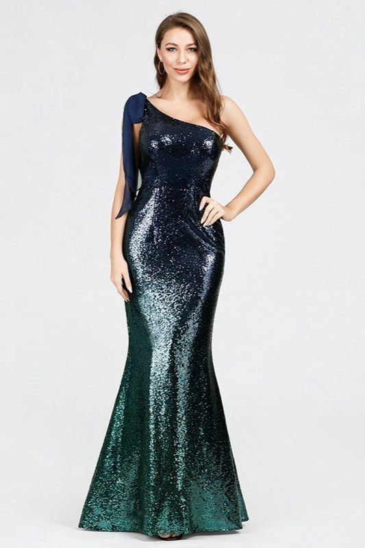 Glamorous Ombre Seuqins Prom Dresses Mermaid One Shoulder Evening Gowns