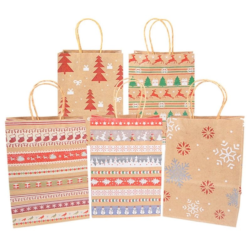 5pcs Kraft Paper Gift Bags Snowflakes Merry Christmas Candy Cookie Packaging Bag Boxes 2022 New Year Party Natal Kids Favors